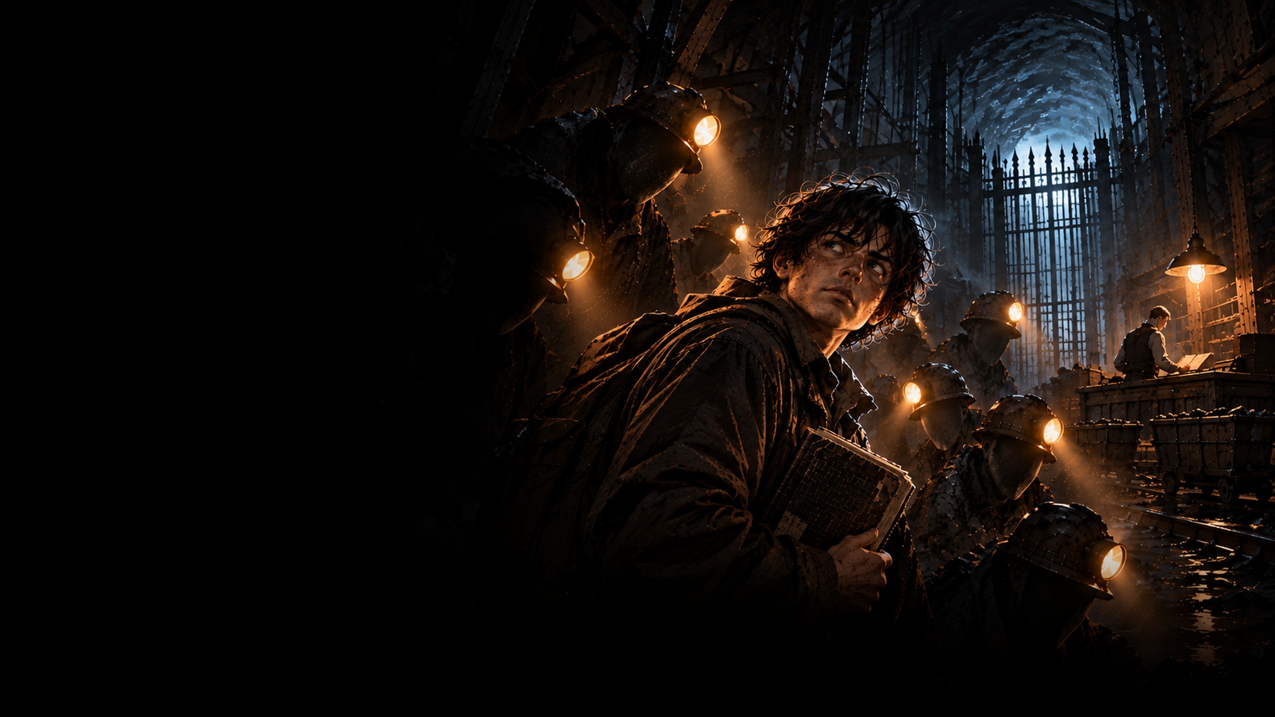 A young man with a notebook looks back over his shoulder at faceless miners with glowing helmet lamps, a blue-lit iron gate and a clerk at a ledger behind them. EliMartian.